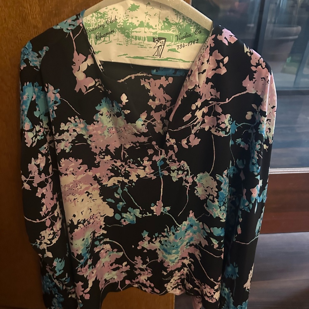 Diane Von Furstenberg Black and Blue and Lavendar Floral Blouse